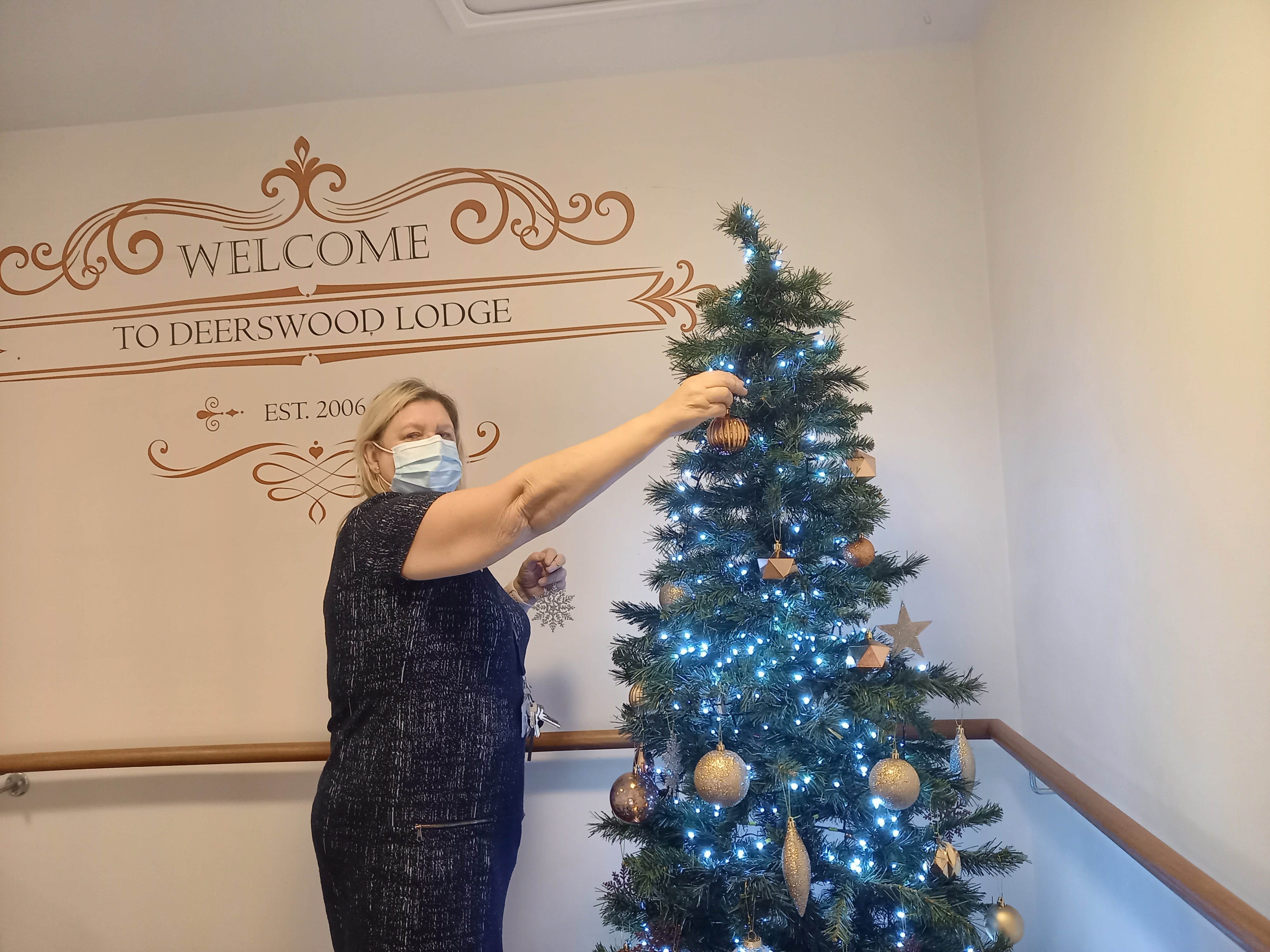 Employee decorating Christmas tree