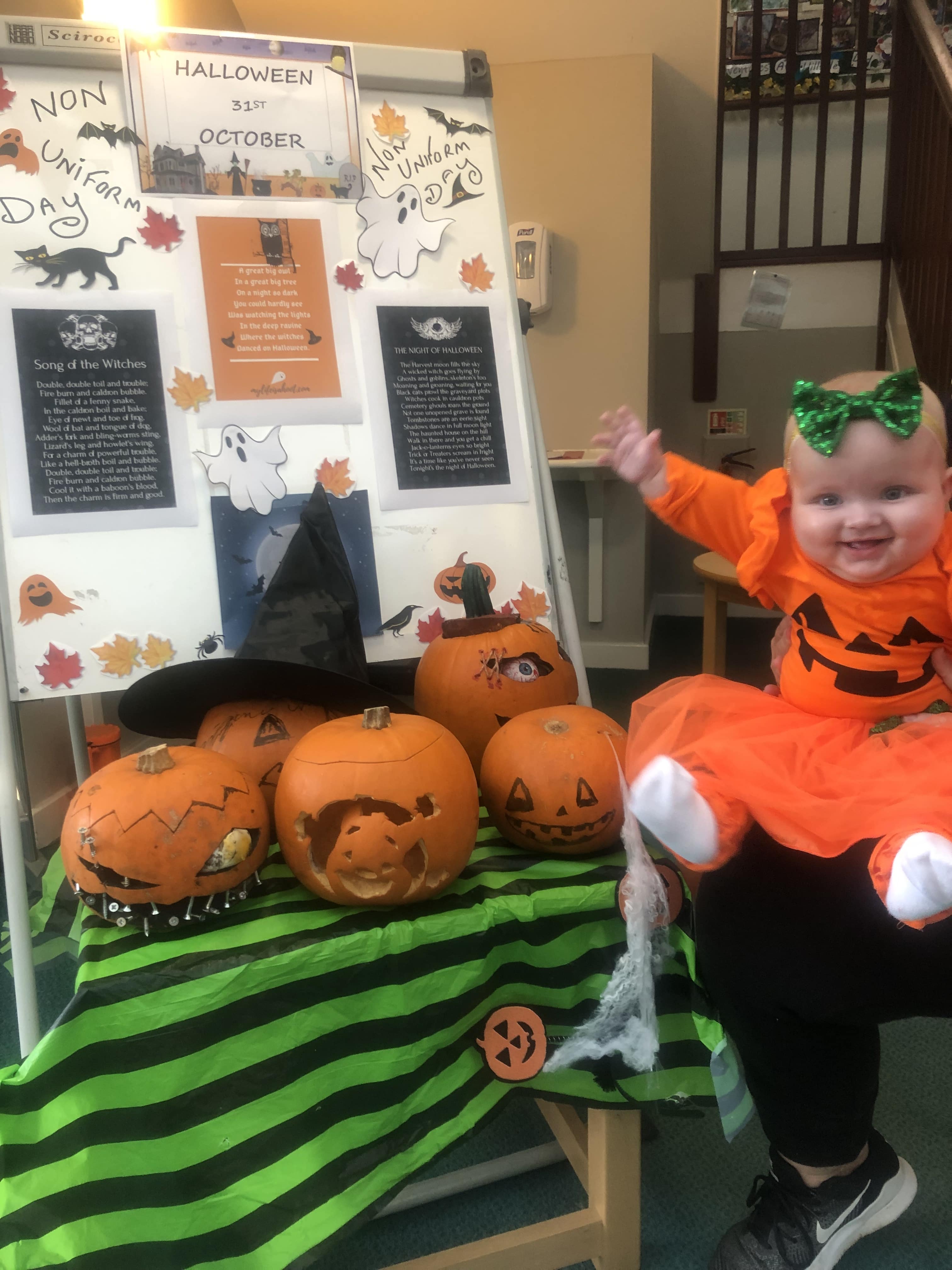 A baby dressed up as a pumpkin visit's Hillside Lodge 